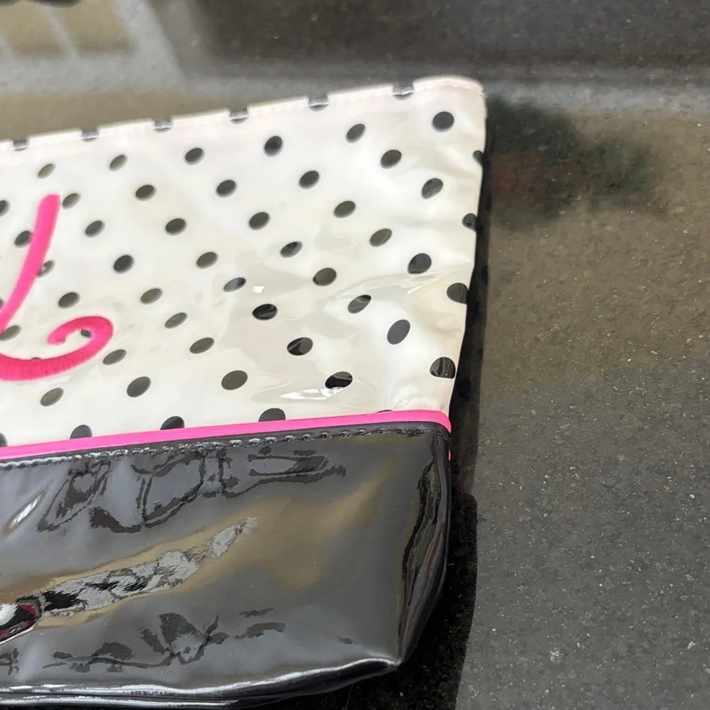 Mud Pie Black & White All PVC Polka Dot Cosmetic Bag Clutch Monogramed Pink “L”